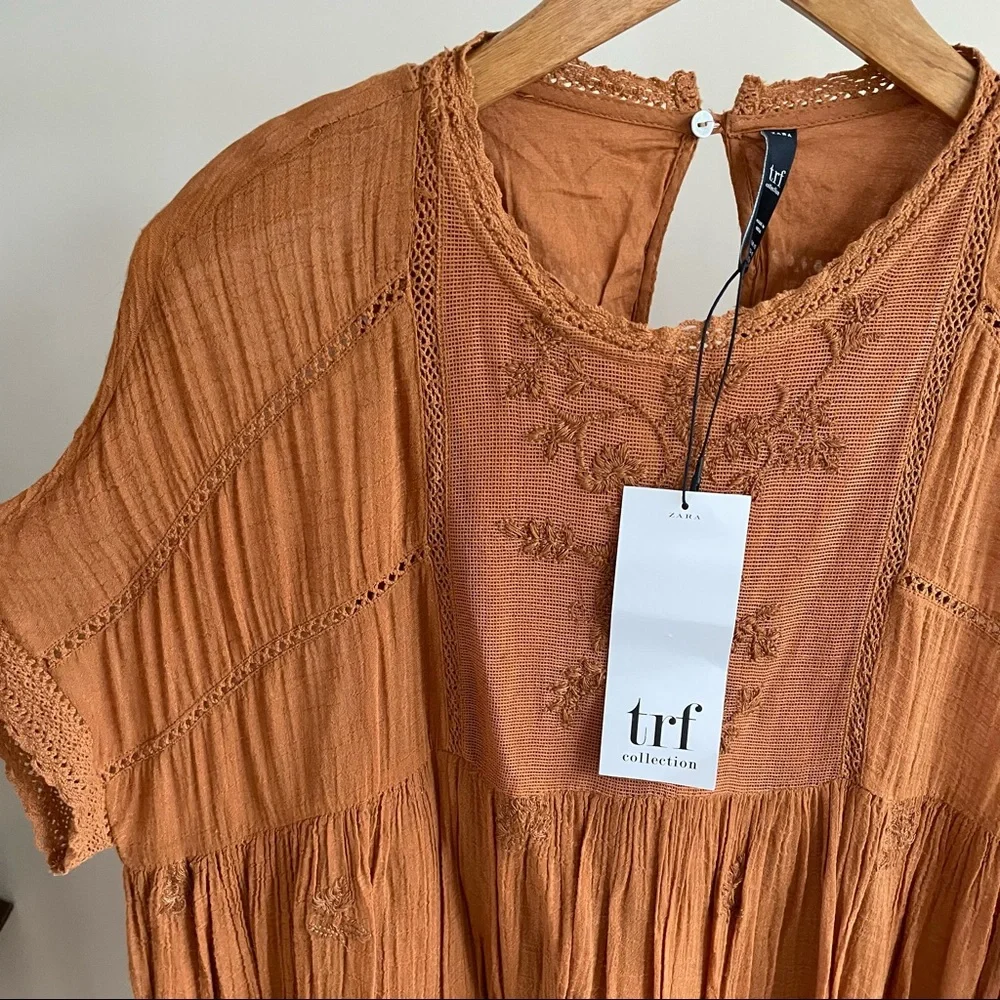 ✨SOLD✨ Zara Embroidered Crochet Romper Mini Dress in Burnt Orange - XS - Picture 3 of 4